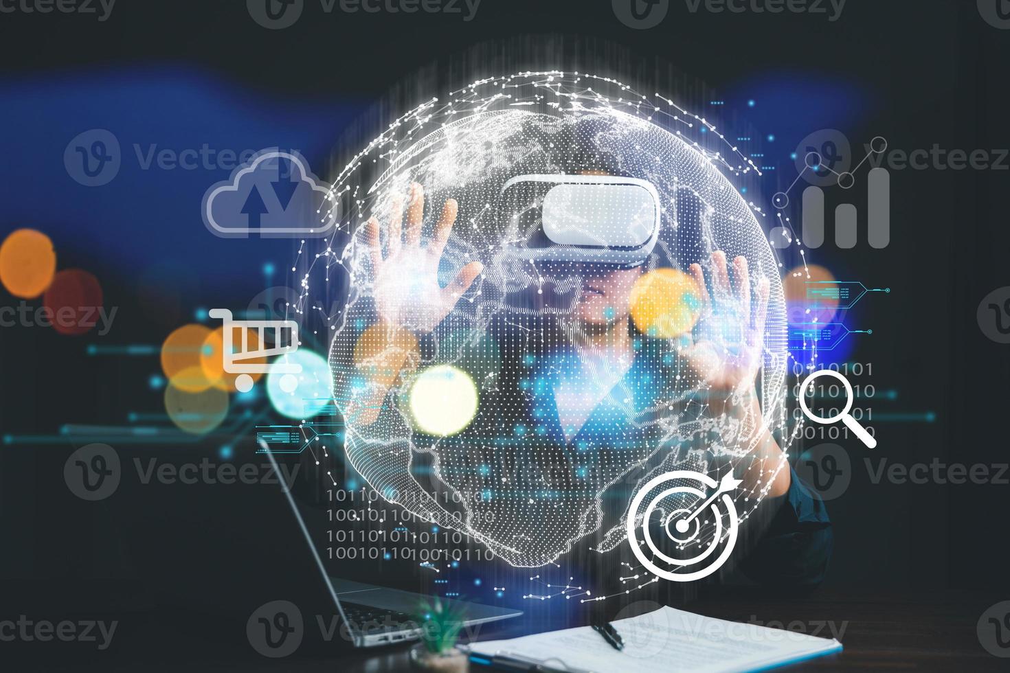 Businesswoman wearing VR glasses and accessing the Cloud Computing Technology Internet Storage Network Concept And a large database big data Through internet technology. Metaverse technology idea. photo