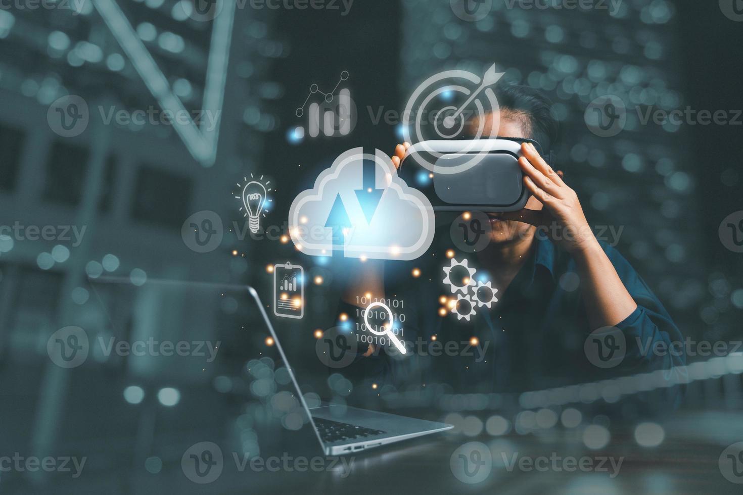 Businesswoman wearing VR glasses and accessing the Cloud Computing Technology Internet Storage Network Concept And a large database big data Through internet technology. Metaverse technology idea. photo