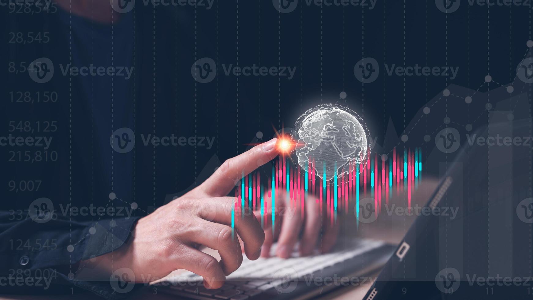 businessman pointing at  Global network connection and trading graph background. Big data analytics and business intelligence concept. World map point and line composition concept of global business. photo