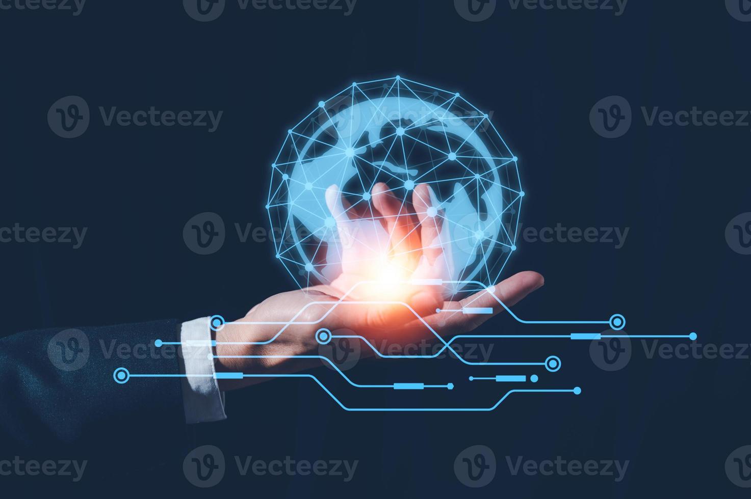 business and technology concept, businessman holding virtual global network technology, data center, online tech photo