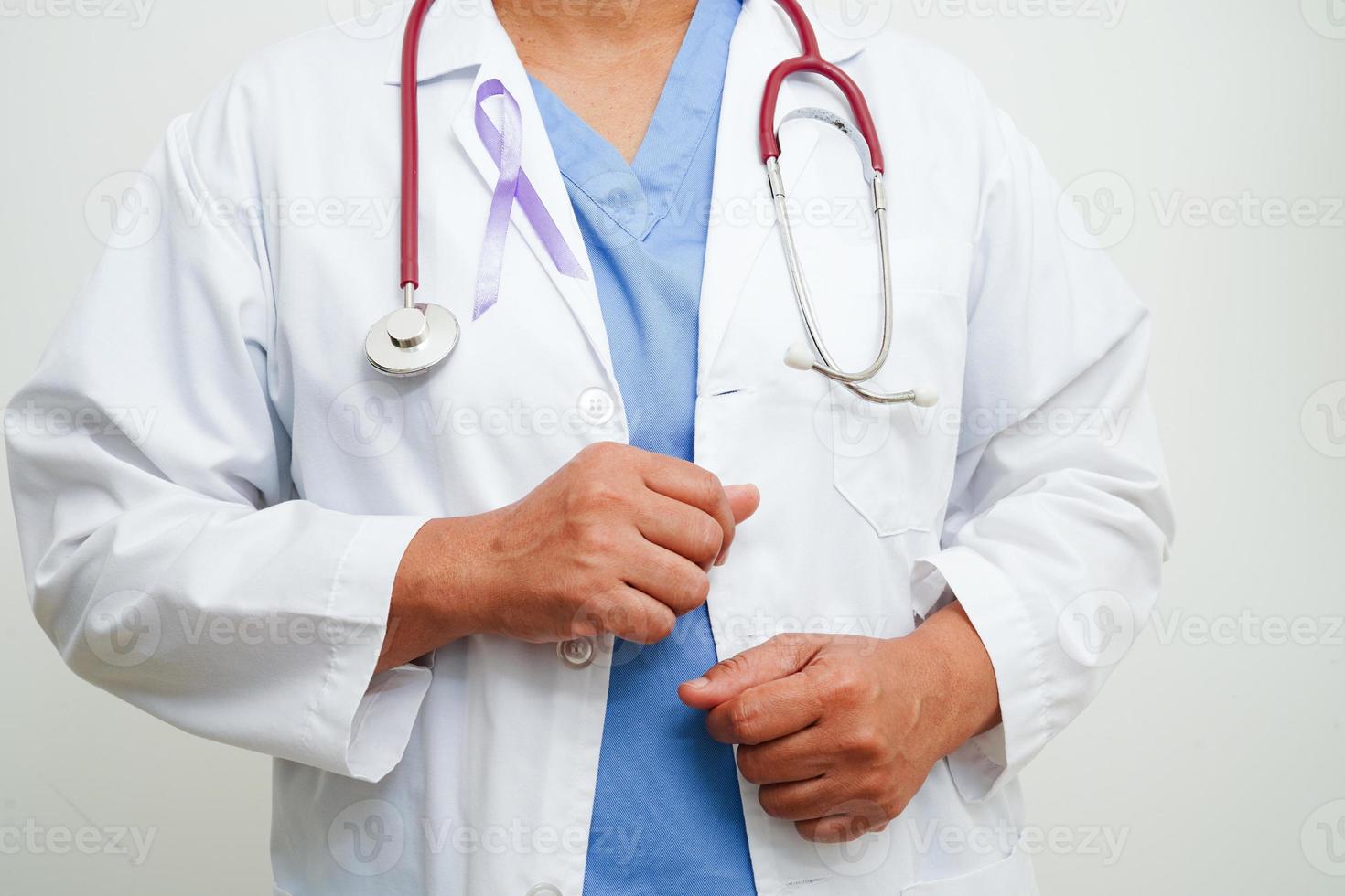 Asian woman doctor with purple ribbon, World Pancreatic Cancer day or World Alzheimer day. photo