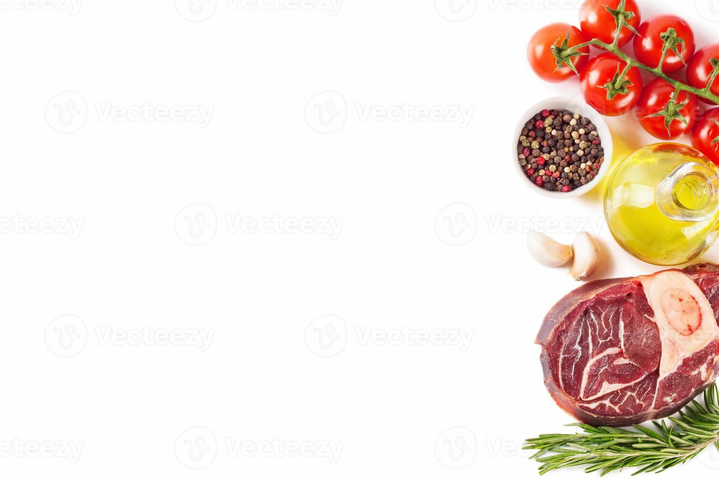 meat steak and cooking ingredients isolated on whtie background. photo