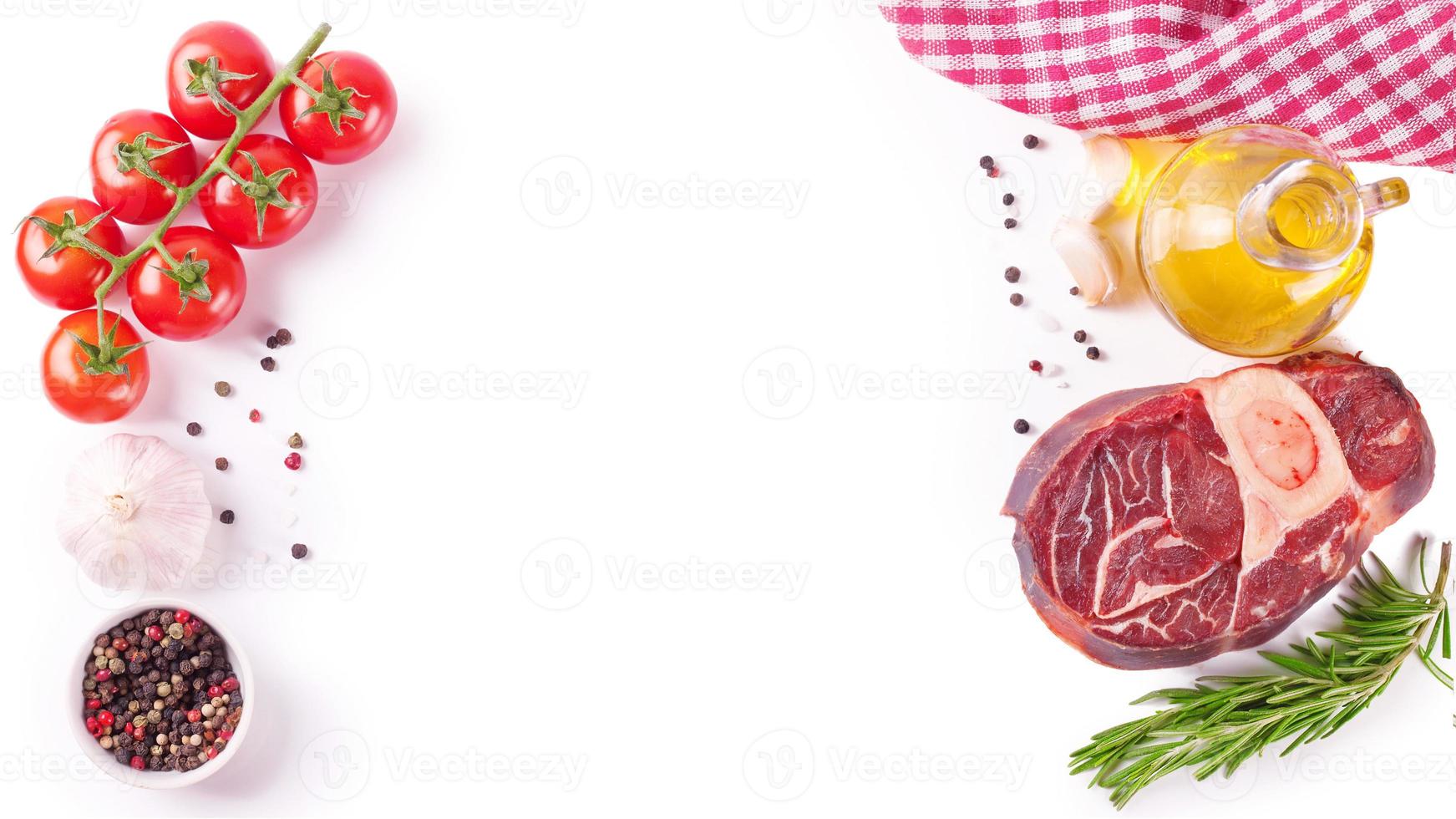 meat steak and cooking ingredients isolated on whtie background. photo