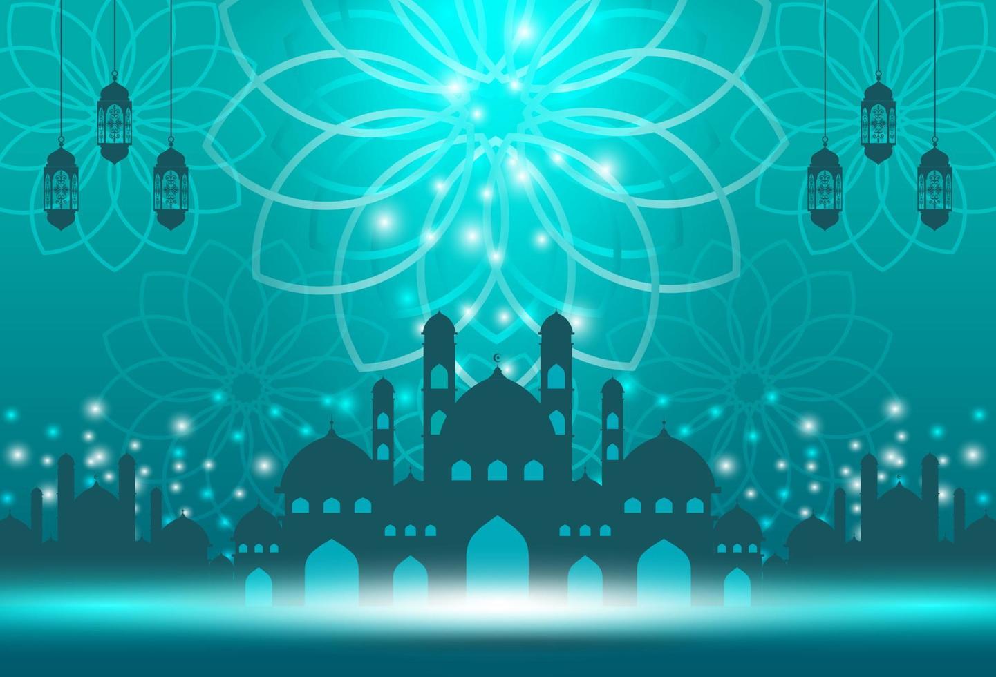 Islamic holiday celebration banner designed with crescent moon and illustration of mosque. Background suitable for Ramadan vector