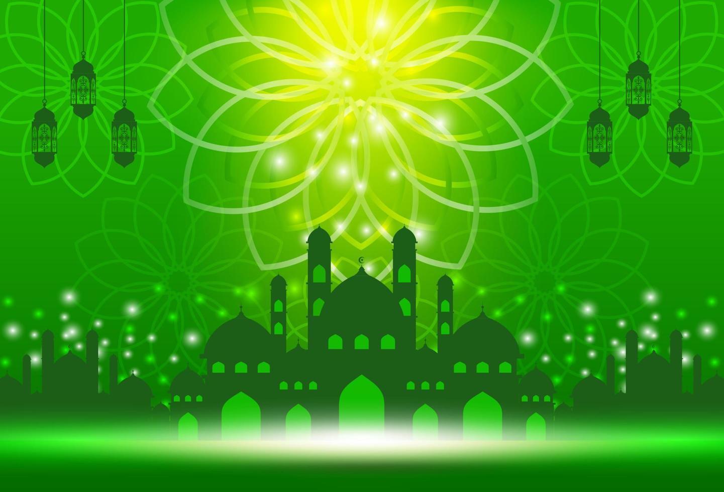 Islamic holiday celebration banner designed with crescent moon and illustration of mosque. Background suitable for Ramadan vector