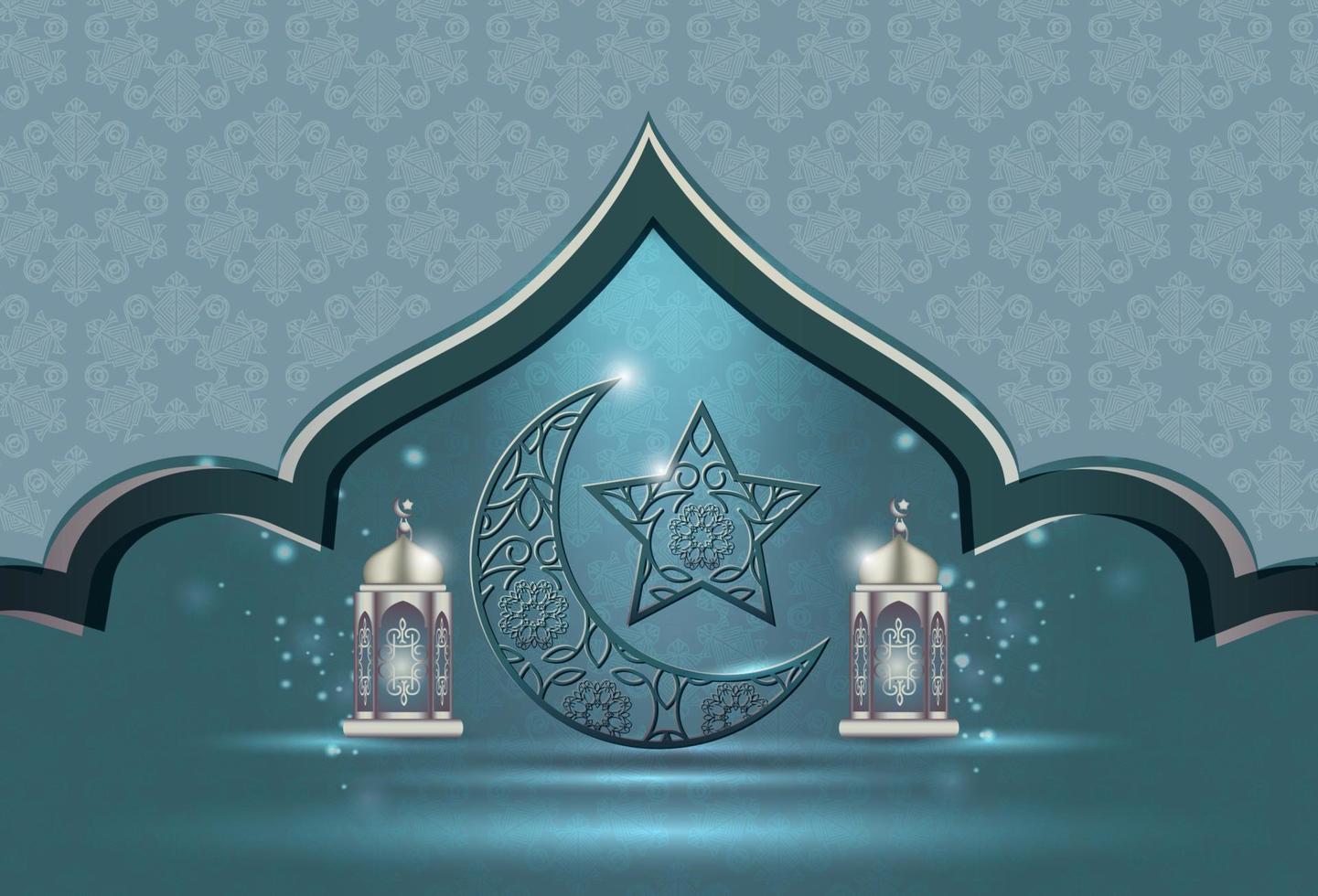 Islamic holiday celebration banner designed with crescent moon and illustration of mosque vector