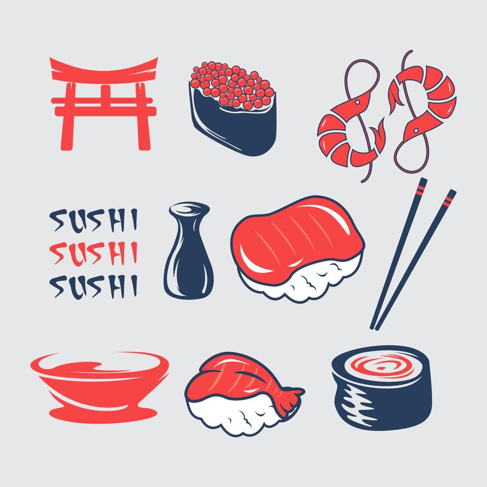 Sushi illustration vector japaneese food element set menu, chopsticks, gate, salmon fish, health, culture