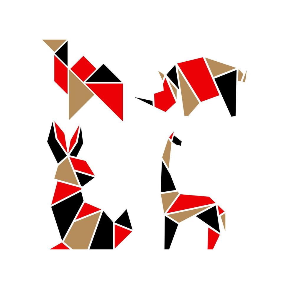 Geometric colorfull origami animals vector  simple template illustration cat, goose, wolf, lephant, fish,  editable