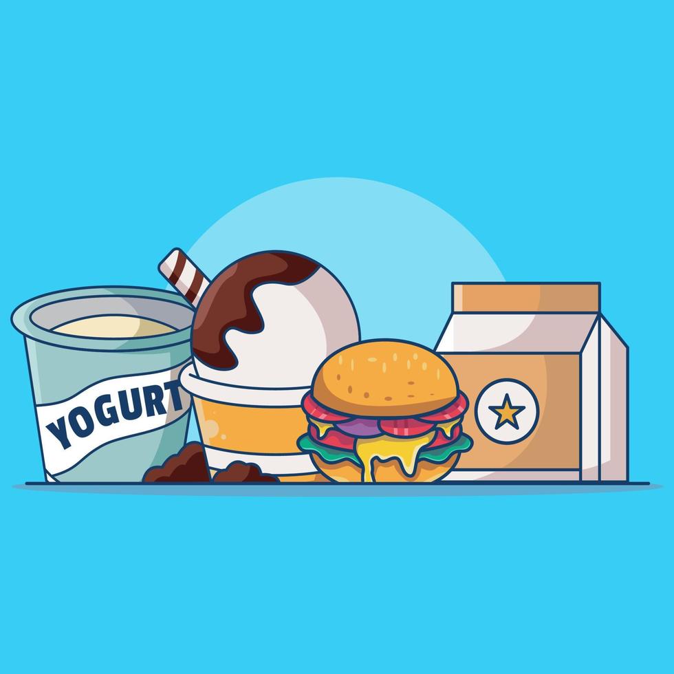 yogur y hamburguesa ilustración vector