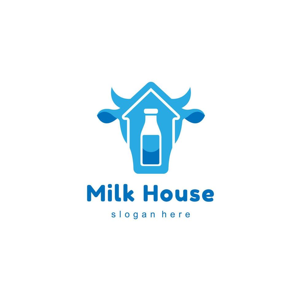 milk house logo concept with silhouettes of milk bottles, farms and cow in blue colors vector