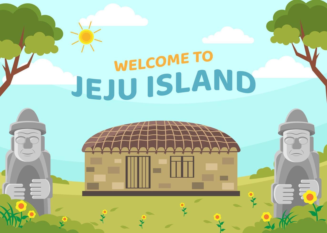 vector template illustration welcome to jeju island with two landmarks, south korea travel banner
