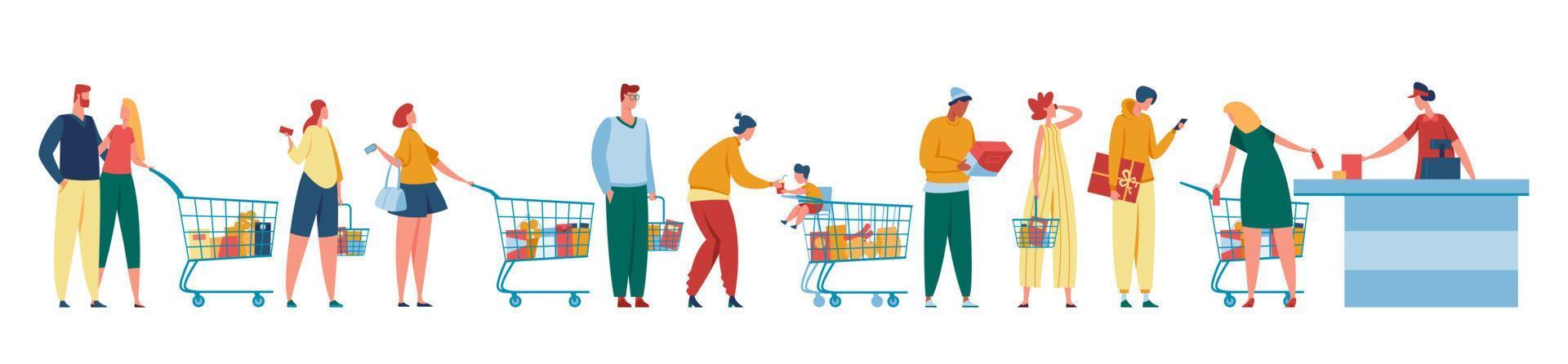 People queue. Customers waiting in line at counter with cashier. Men and women with shopping carts standing at cash desk. Grocery store checkout vector illustration