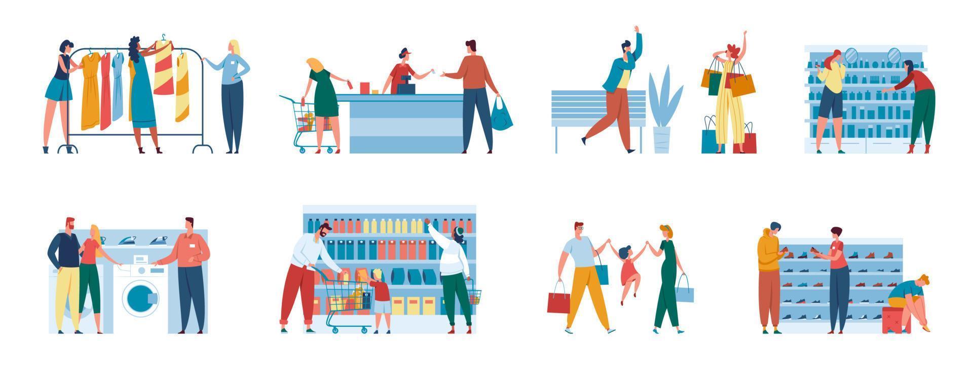 People in store. Family buying groceries. Consultant helping couple purchase home appliance. Men and women shopping at supermarket, mall, boutique vector set