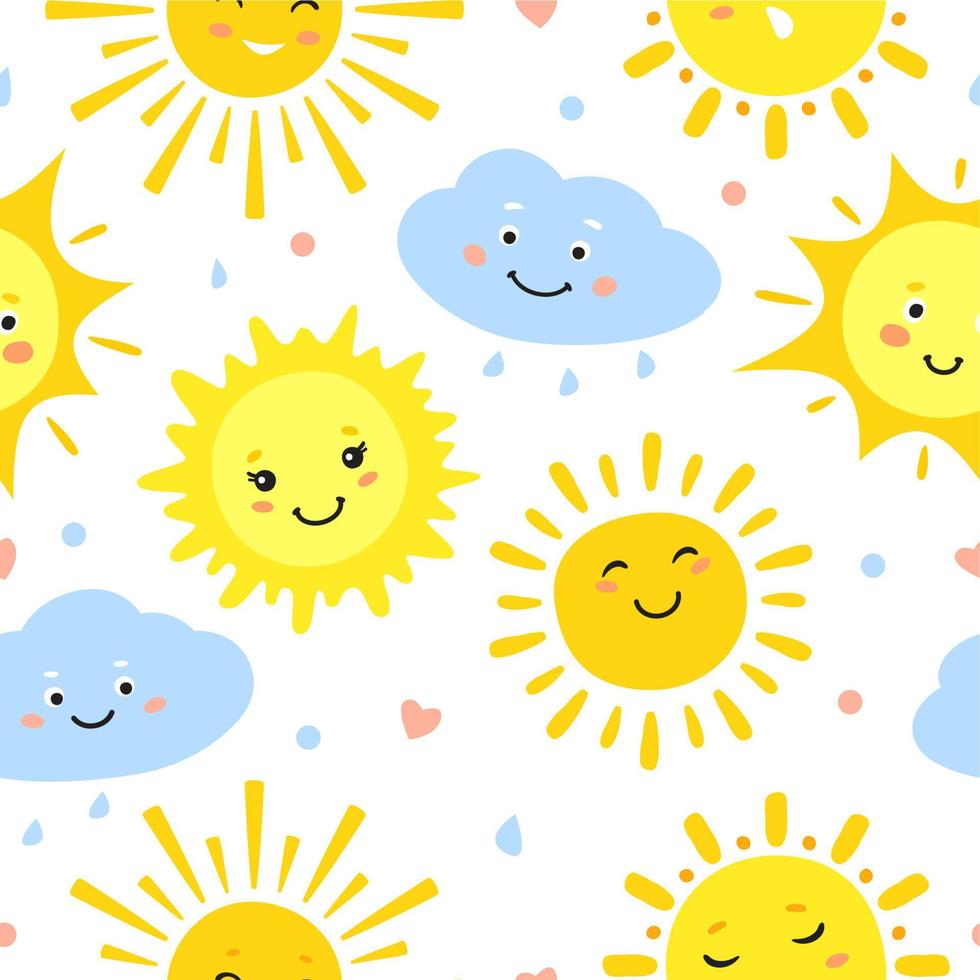 Sun pattern. Sunshine, hot summer and happy sunrise, yellow sunlight circles, solar and sunny weather Seamless vector kids wallpaper texture