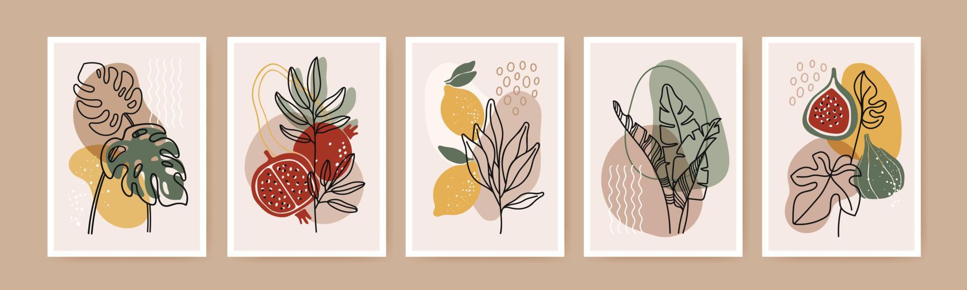 Minimal boho poster. Modern botanical wall art decor with nature elements, tropical leaves, fruits, abstract organic shapes. Contemporary botanic print vector set