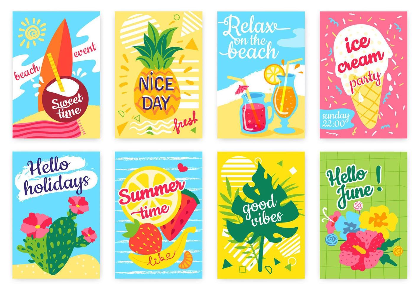 Summer poster. Beach party flyer with sea, surfboard, cocktails, pineapple, fruits, ice cream, tropical leaves. Hello holidays or vacation banner vector set