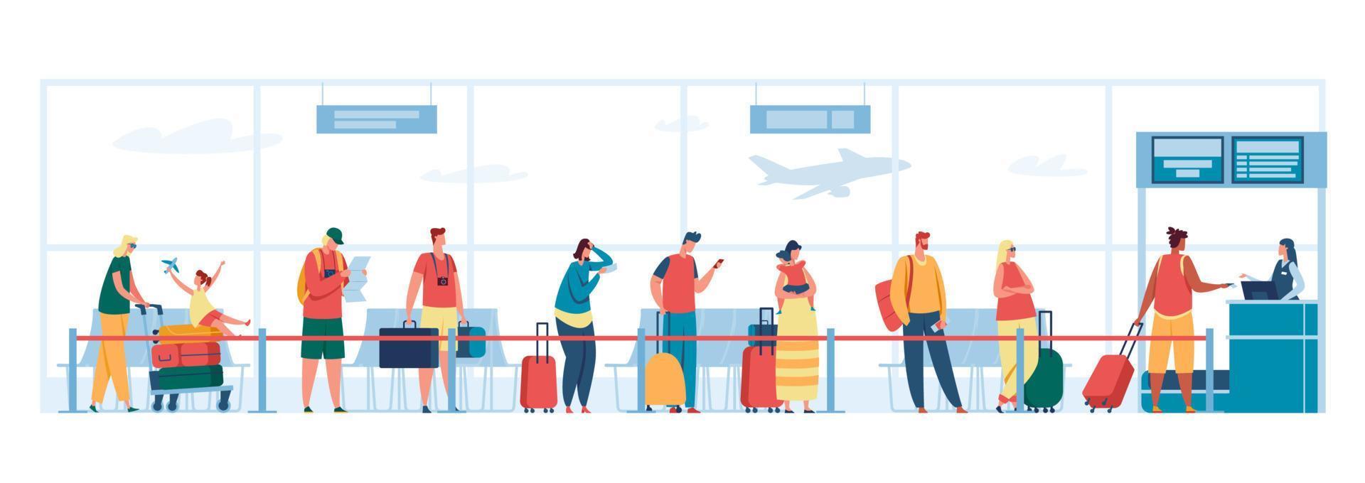 Airport check in desk queue. People with luggage waiting in line at registration desk, passport control, departure terminal Vector illustration