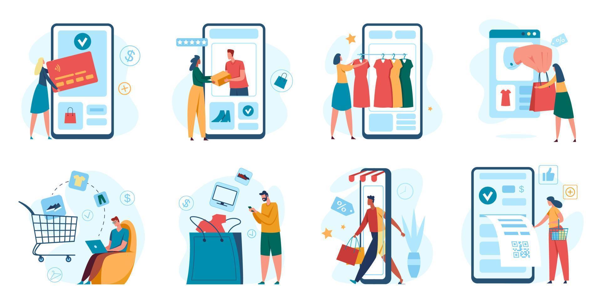 Online shopping. Customer purchasing with smartphone, online store checkout. Mobile app payment, e-commerce, digital marketing concept vector set