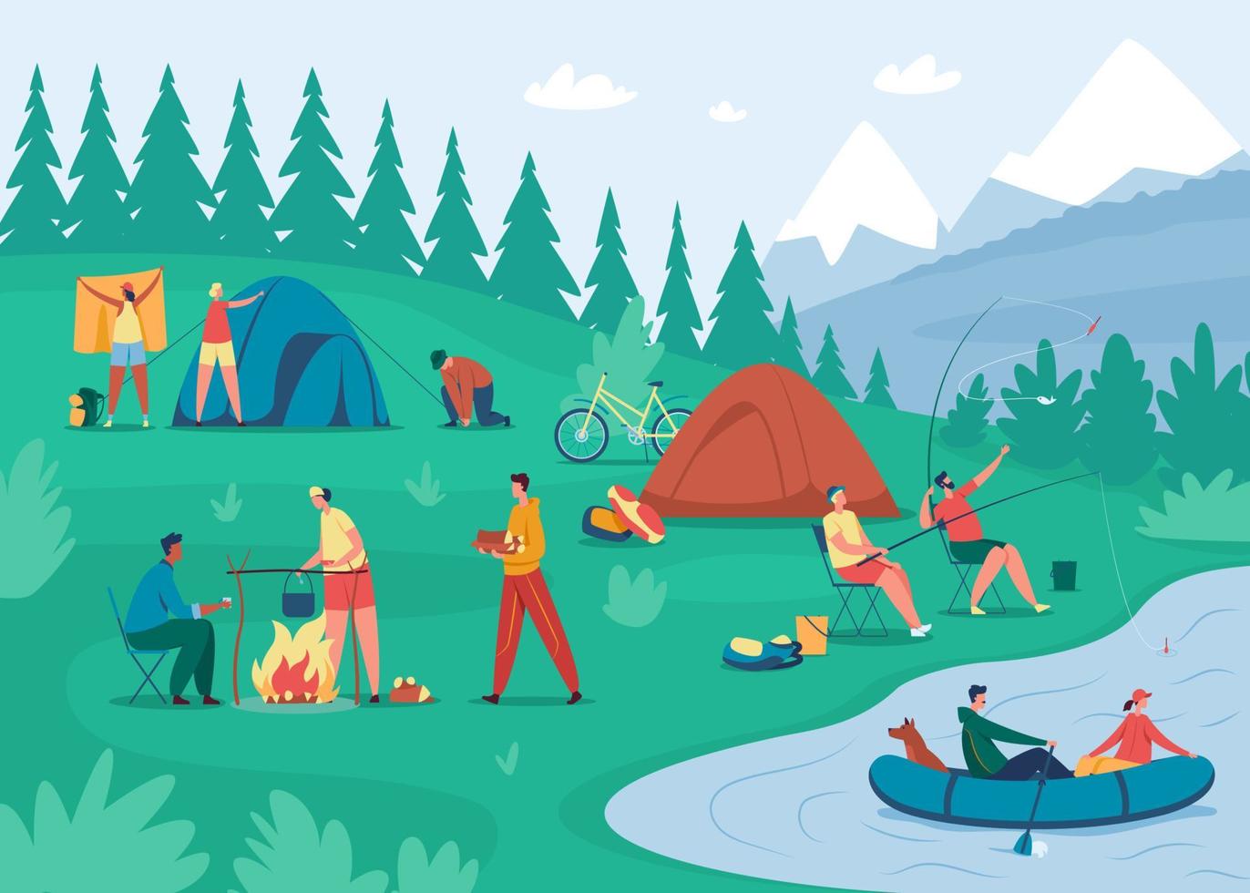 personas acampar. amigos relajante cerca hoguera, Cocinando alimento, ajuste arriba carpa. turistas cámping en bosque, verano al aire libre actividad vector ilustración