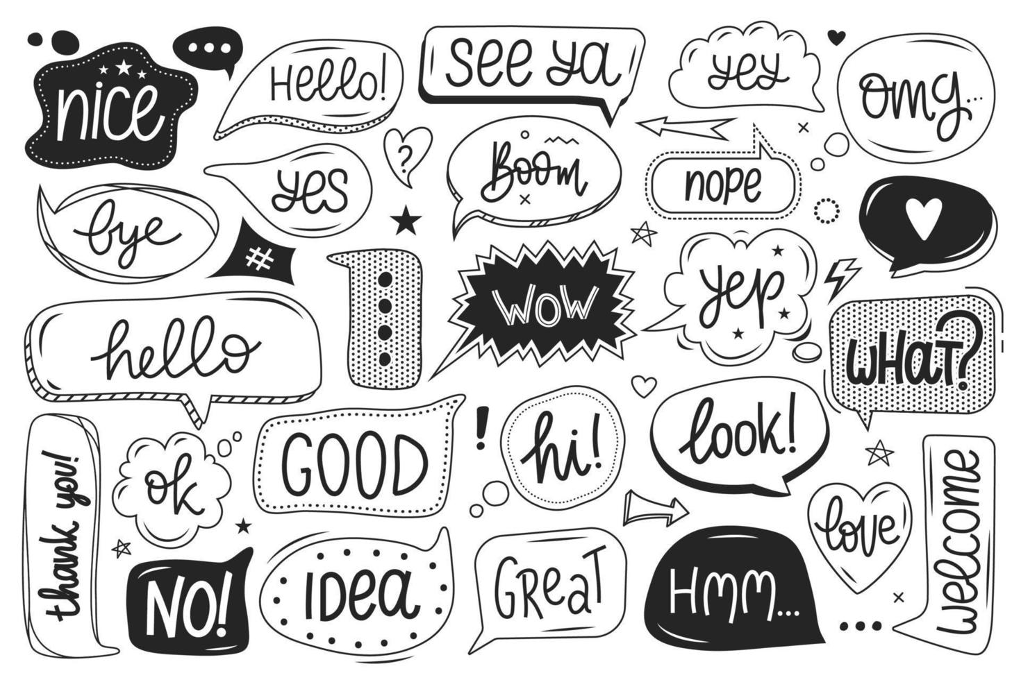 Cute speech bubble. Hand drawn talking balloons with handwritten text. Dialog text bubbles with funny words and doodle elements vector set