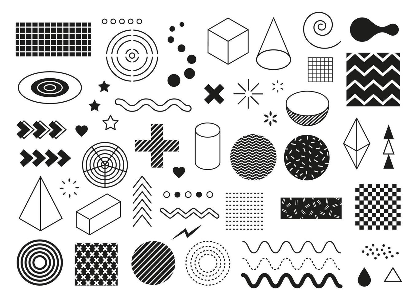 Abstract geometric shapes. Modern minimal graphic elements. Wave, triangle, line half circle, cube shape. Memphis design element vector set