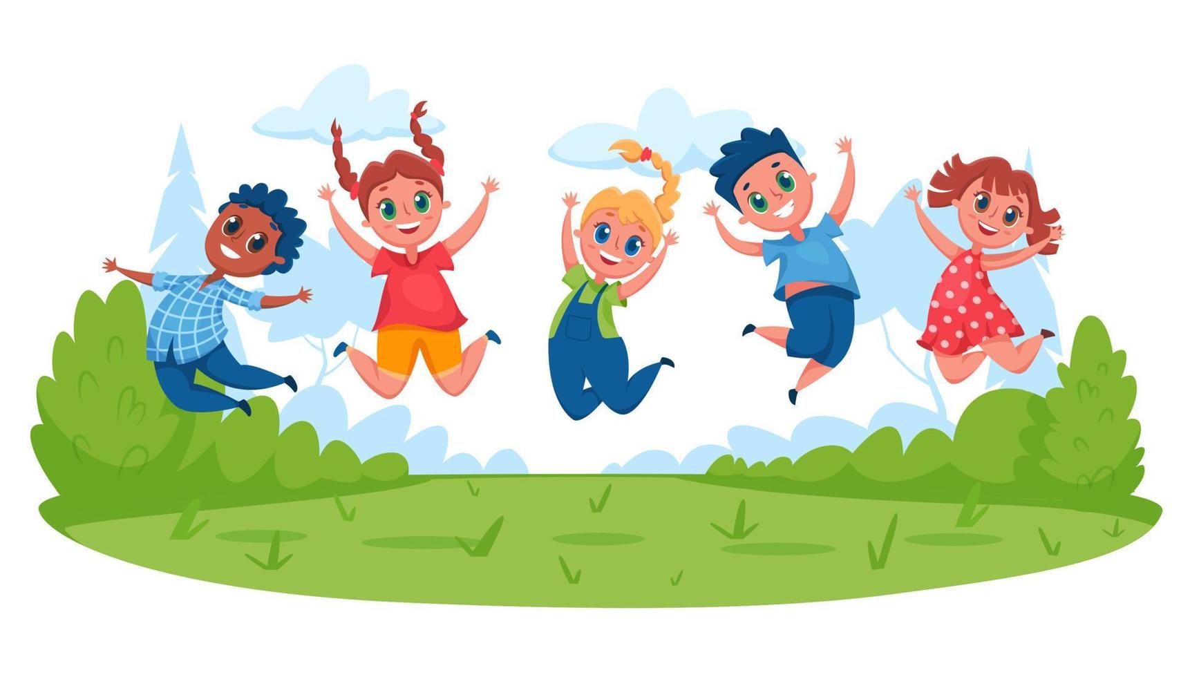 Kids jumping on meadow. Happy children having fun outside in summer. Boys and girls playing together. Outdoor activity cartoon vector illustration