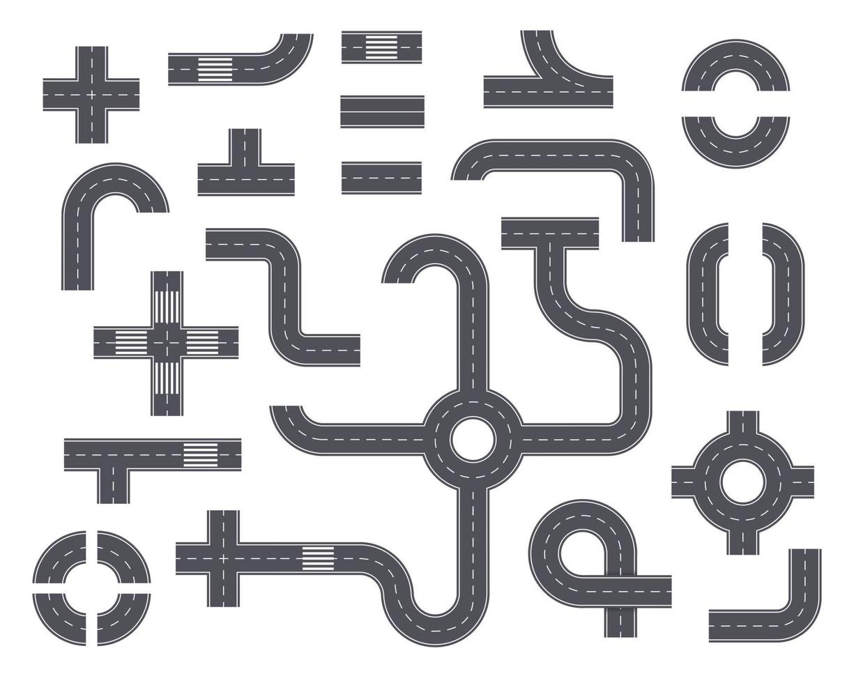 la carretera elementos. parte superior ver autopista con sendero, anillo camino, cruce de caminos, curvo camino. asfalto calle partes con marcas para ciudad mapa vector conjunto