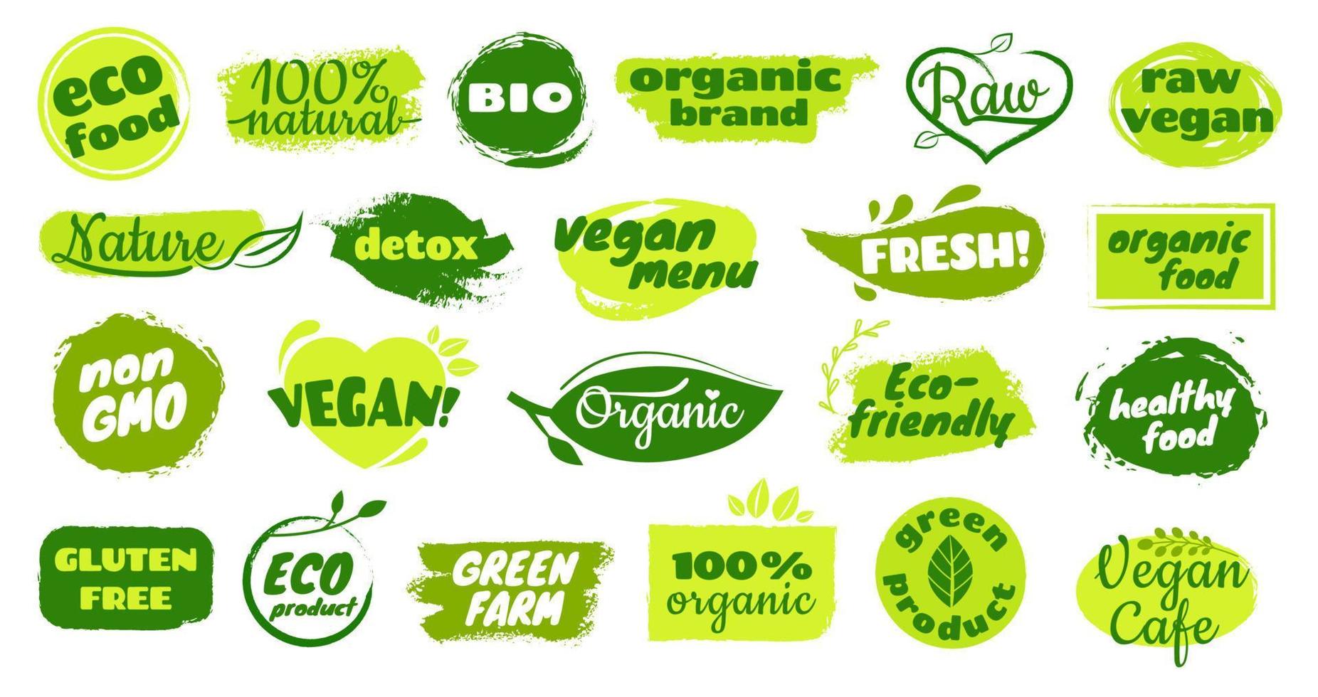 Organic eco labels. Healthy, fresh, bio, natural, gluten free, vegan food badge. Eco product logo with hand drawn elements vector set