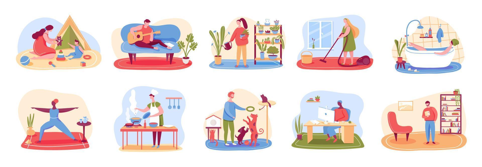 Home activities. People cleaning home, cooking, taking bath, playing with pets, practicing yoga, reading. Leisure time, relaxing indoor activity vector set