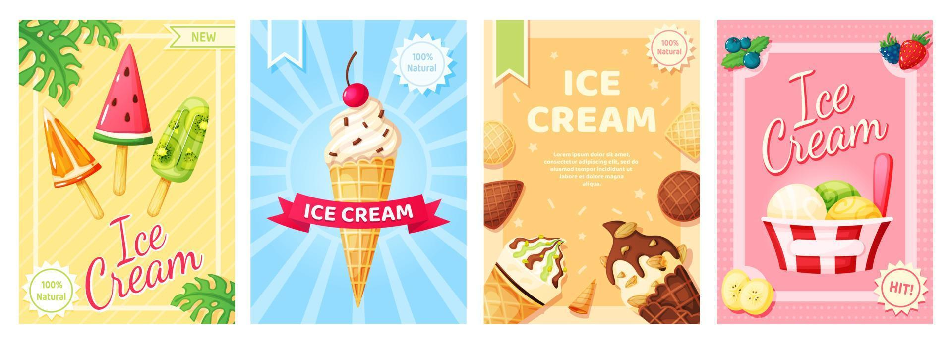 Ice cream poster. Cold summer desserts promotional banner. Flyer template with vanilla, chocolate sundae, fruit ice, popsicle for shop, cafe menu, restaurant vector set