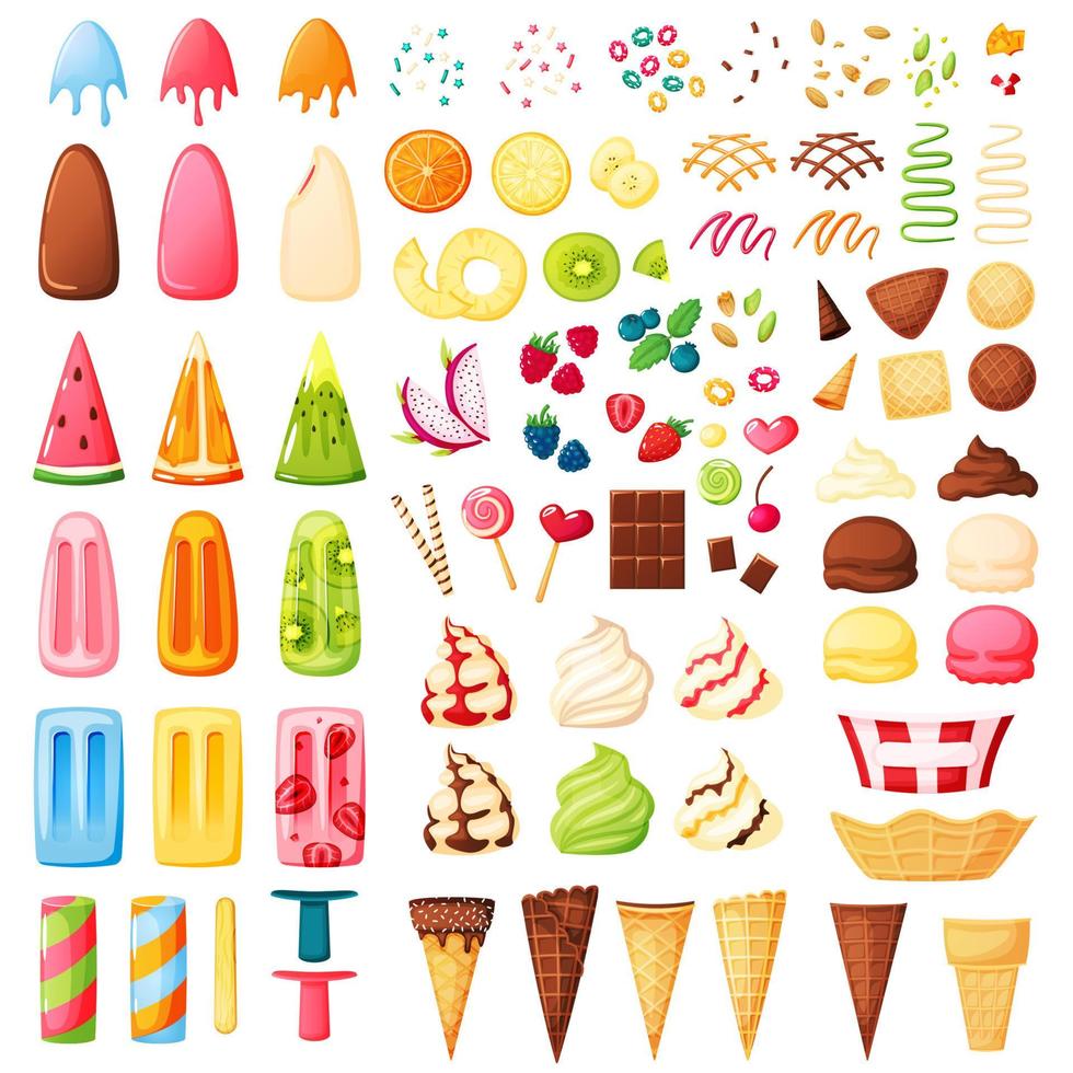 Ice cream constructor. Various flavors, cones, toppings, sprinkles to make your ice cream. Vanilla, chocolate sundae, strawberry fruit ice, popsicle. Vector dessert elements set