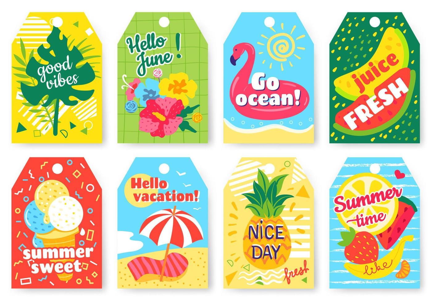 Summer tags. Summertime labels with watermelon, strawberries. Gift tag with fruits, flowers, tropical leaves, ice cream, beach, ocean. Holiday vacation card label vector
