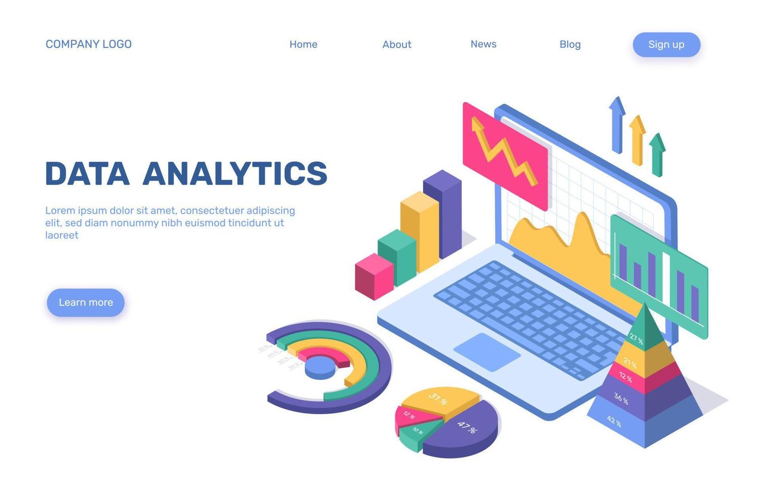 Data analytics landing page. 3d isometric business statistical analysis concept with pie chart, graph, diagram, laptop. Webpage vector template