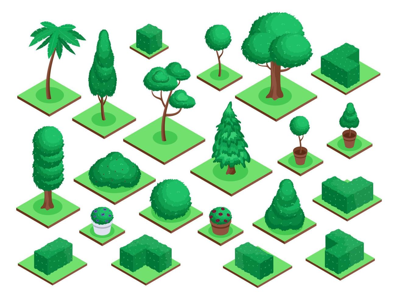 Isometric 3d trees. City park or forest tree plants, bushes, flowers pots. Spruce, palm tree, garden green fences landscape elements vector set