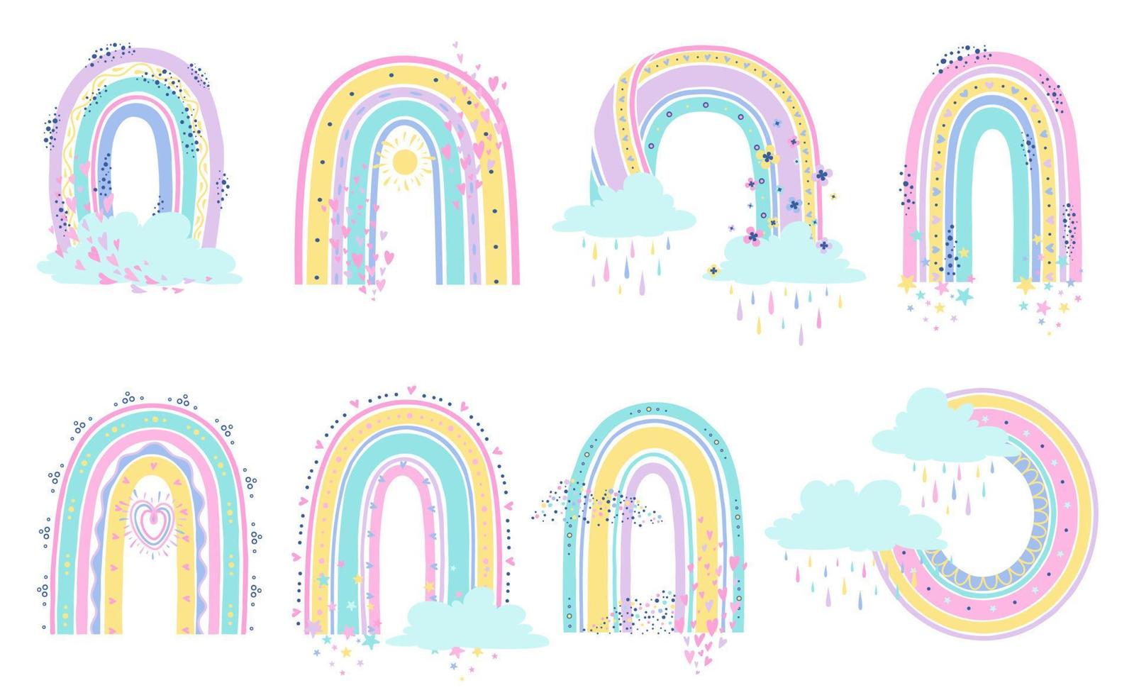 Cartoon rainbow. Scandinavian rainbows with heart and stars in pastel colors. Elements for childish patterns, wallpaper and stickers vector set