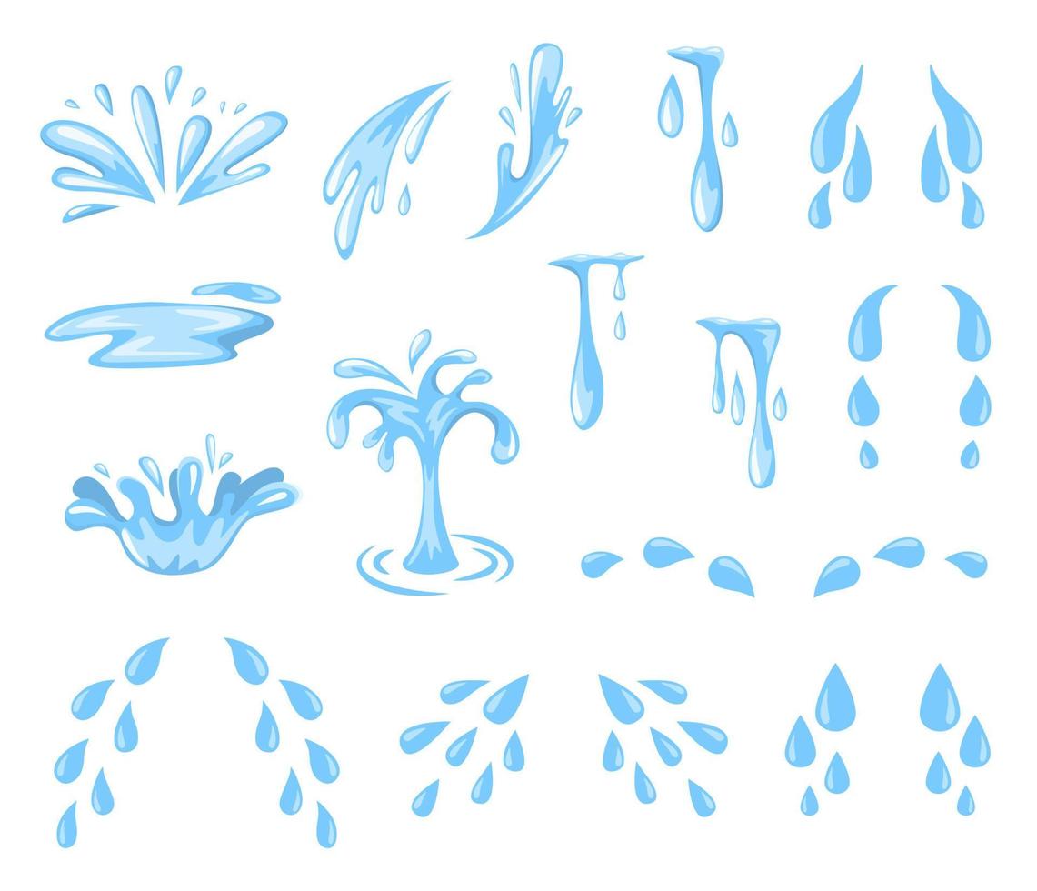 Cartoon splashes and drops. Tears, sweat or water spray and flow, falling blue water droplets. Raindrops, puddle isolated vector set