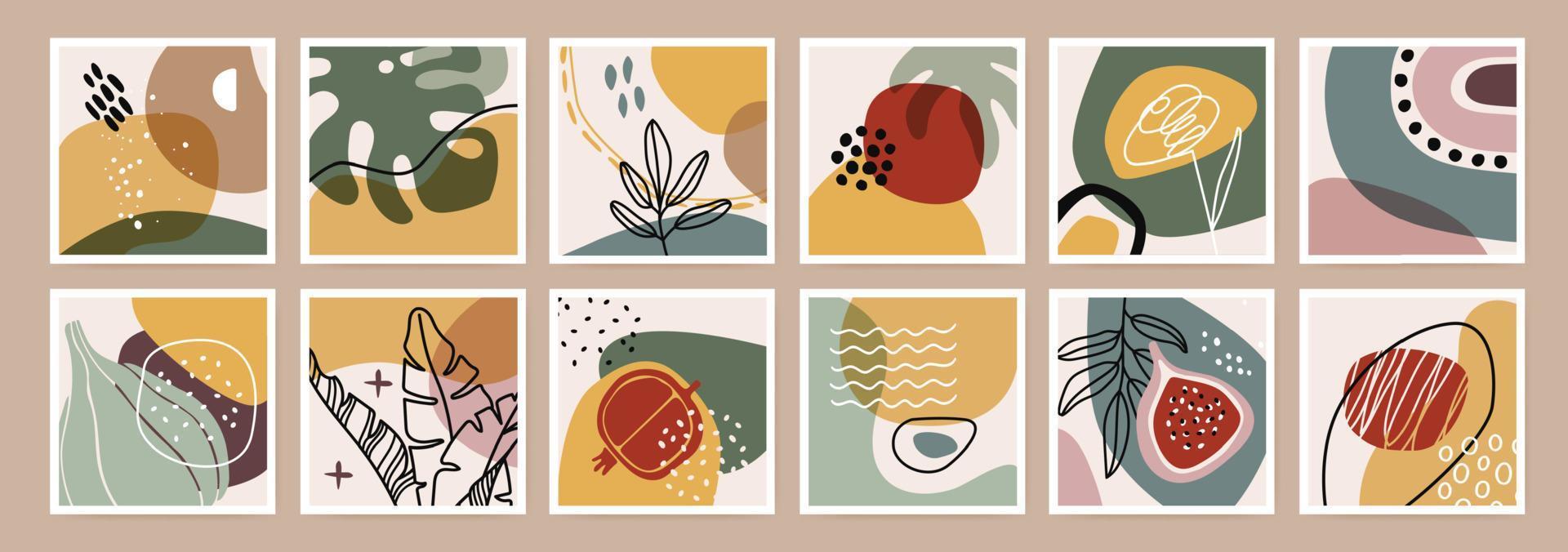 Organic abstract print. Minimal boho wall art decor. Organic shapes, tropical plants, leaves, flowers, fruits, nature elements. Modern botanical square poster vector set