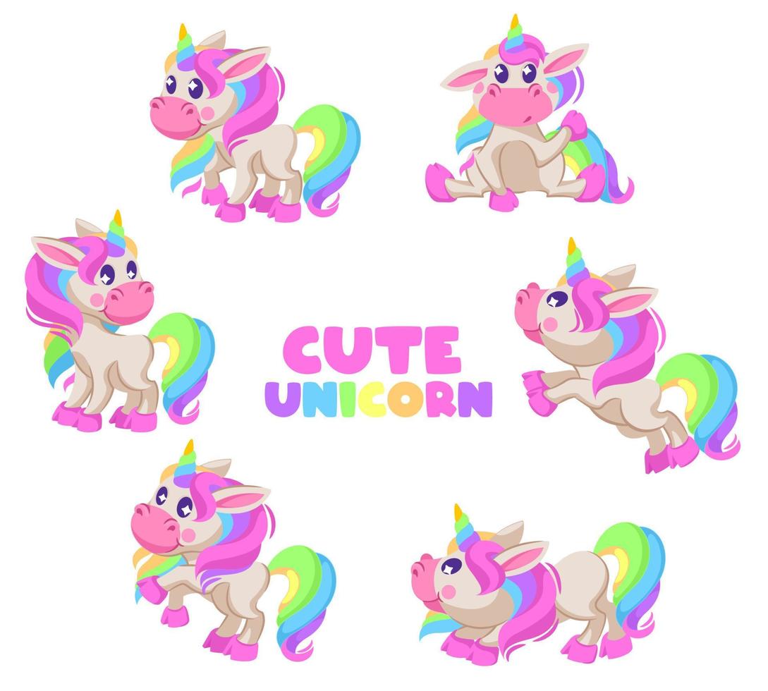 Cute unicorns. Cartoon fairy baby pony in various postures, funny magic horse with horn and rainbow mane isolated vector kids characters