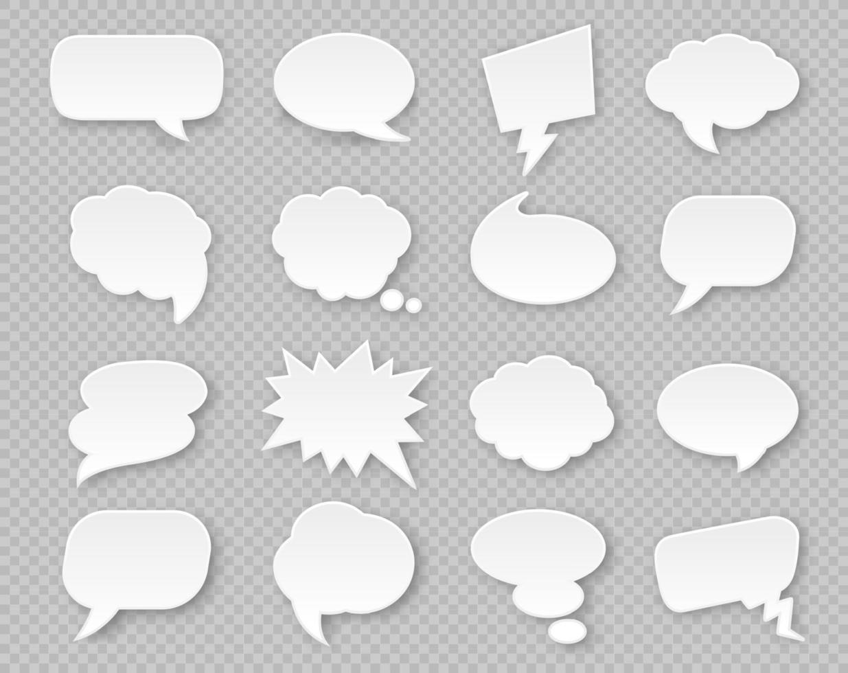 Paper speech bubbles. Comic thought white blank balloons with shadow. Thinking cloud for expression in various shapes vector set