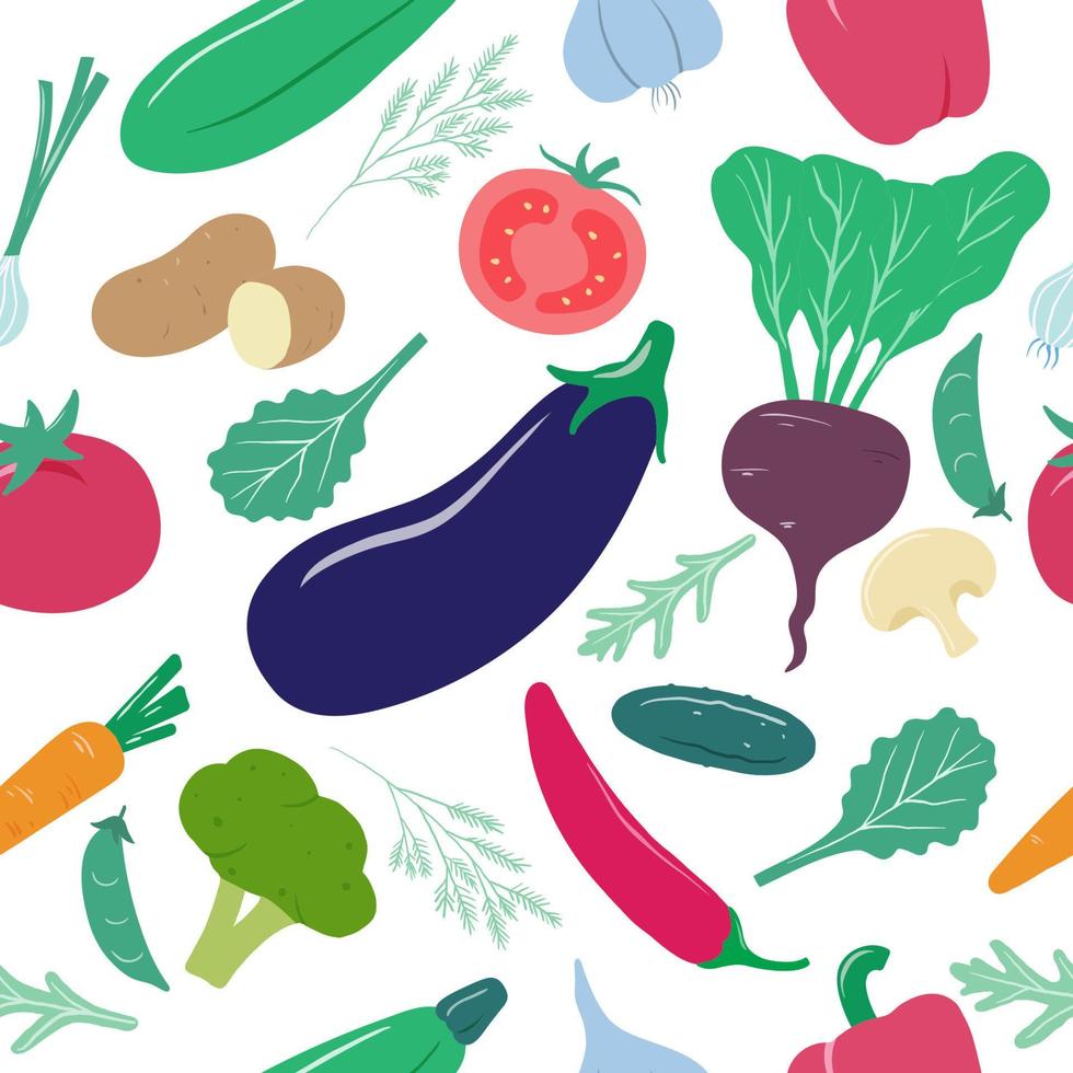 Vegetables pattern. Vegan organic food potatoes, tomato and beets, mushrooms and peppers, carrots and broccoli, garlic seamless vector texture