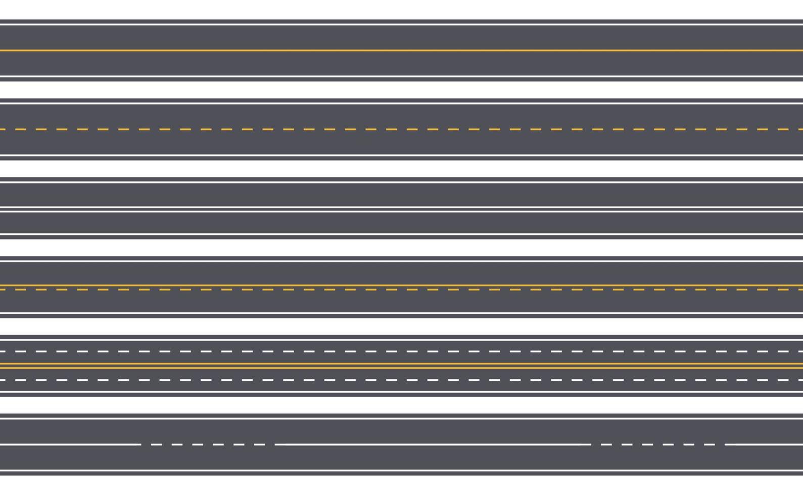 Seamless highway. Straight asphalt road with yellow and white markings. Horizontal urban city street. Empty top view roadway vector set