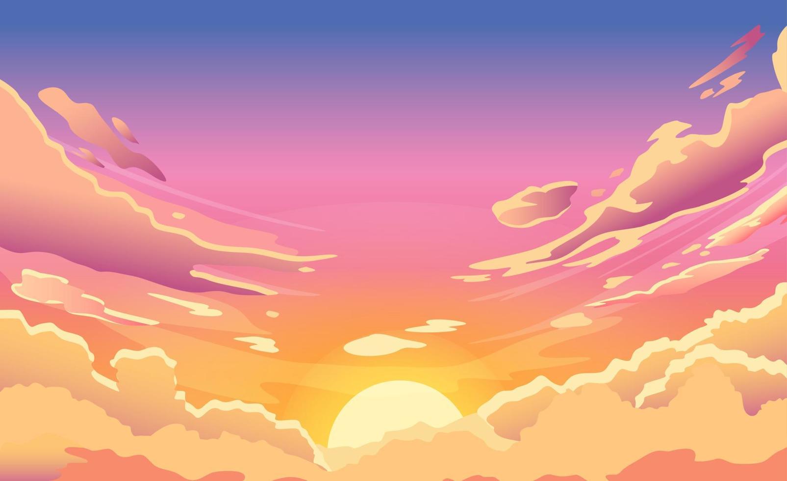 puesta de sol cielo. dibujos animados verano amanecer con rosado nubes y luz solar, noche nublado cielo panorama. Mañana vector paisaje