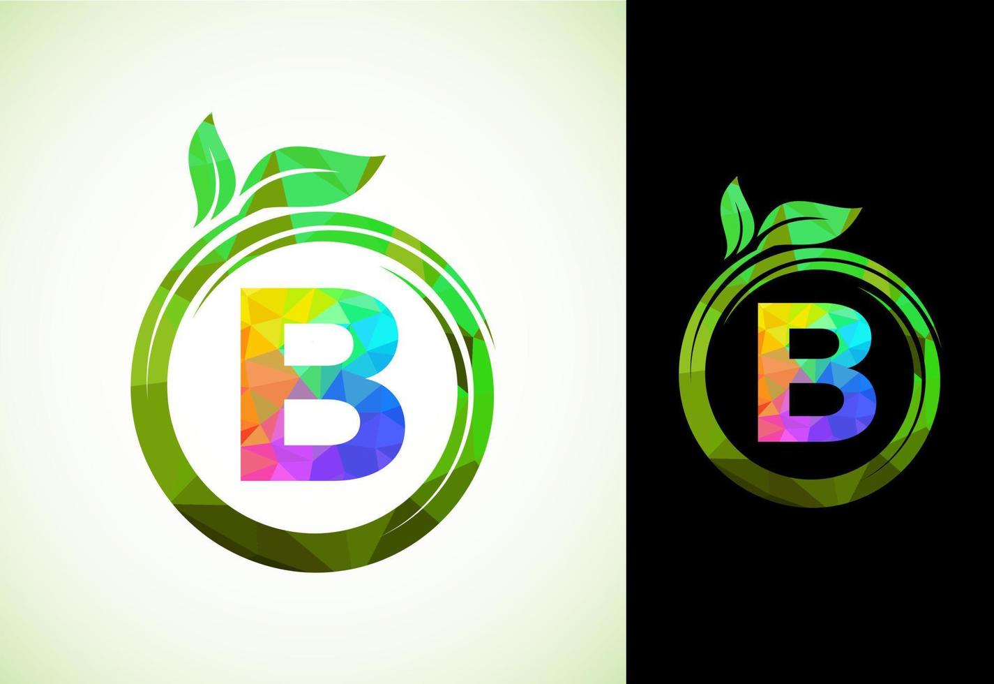 Polygonal alphabet B in a spiral with green leaves. Nature icon sign symbol. Geometric shapes style logo design for business healthcare, nature, farm, and company identity. vector