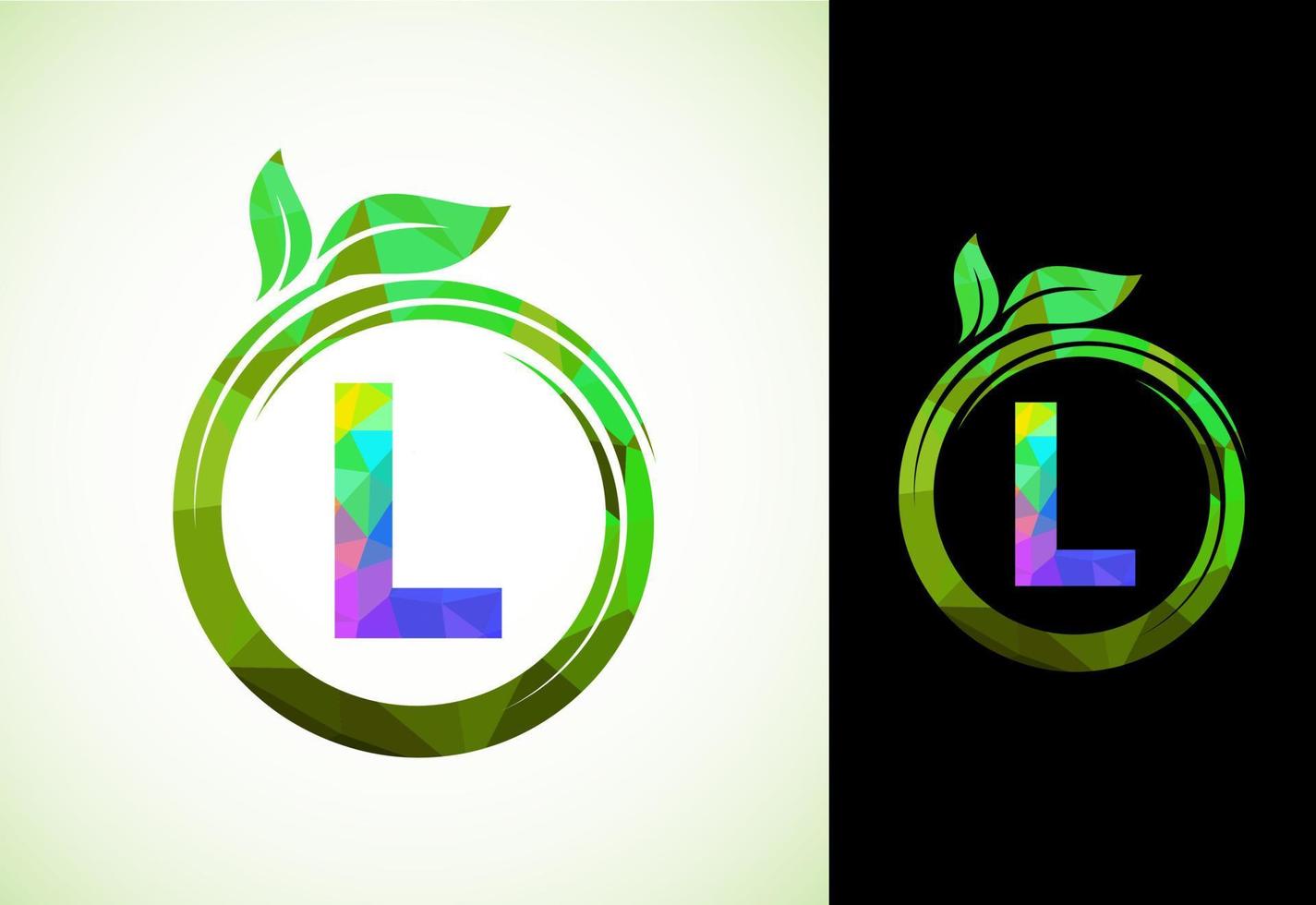 Polygonal alphabet L in a spiral with green leaves. Nature icon sign symbol. Geometric shapes style logo design for business healthcare, nature, farm, and company identity. vector