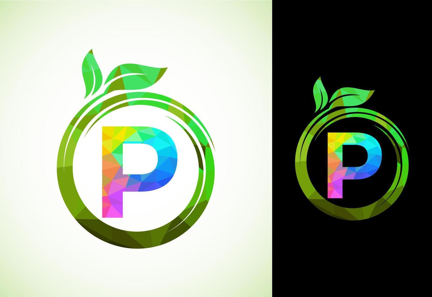 Polygonal alphabet P in a spiral with green leaves. Nature icon sign symbol. Geometric shapes style logo design for business healthcare, nature, farm, and company identity. vector