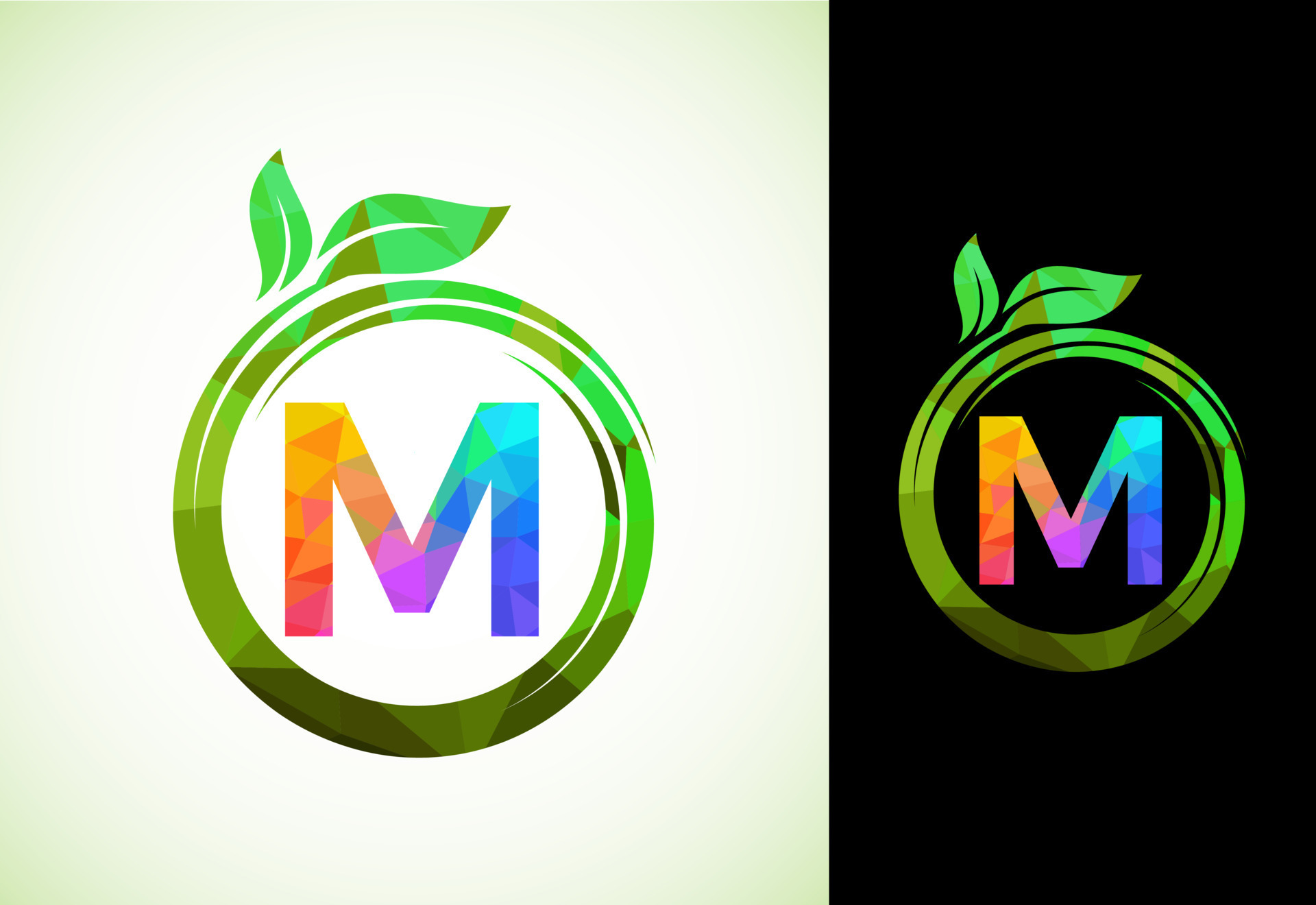Polygonal Alphabet M In A Spiral With Green Leaves Nature Icon Sign 