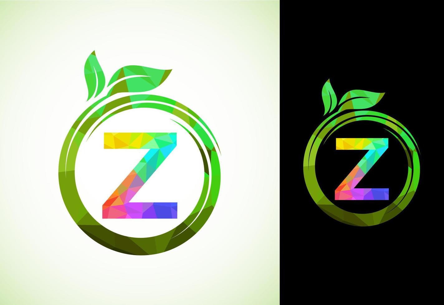 Polygonal alphabet Z in a spiral with green leaves. Nature icon sign symbol. Geometric shapes style logo design for business healthcare, nature, farm, and company identity. vector