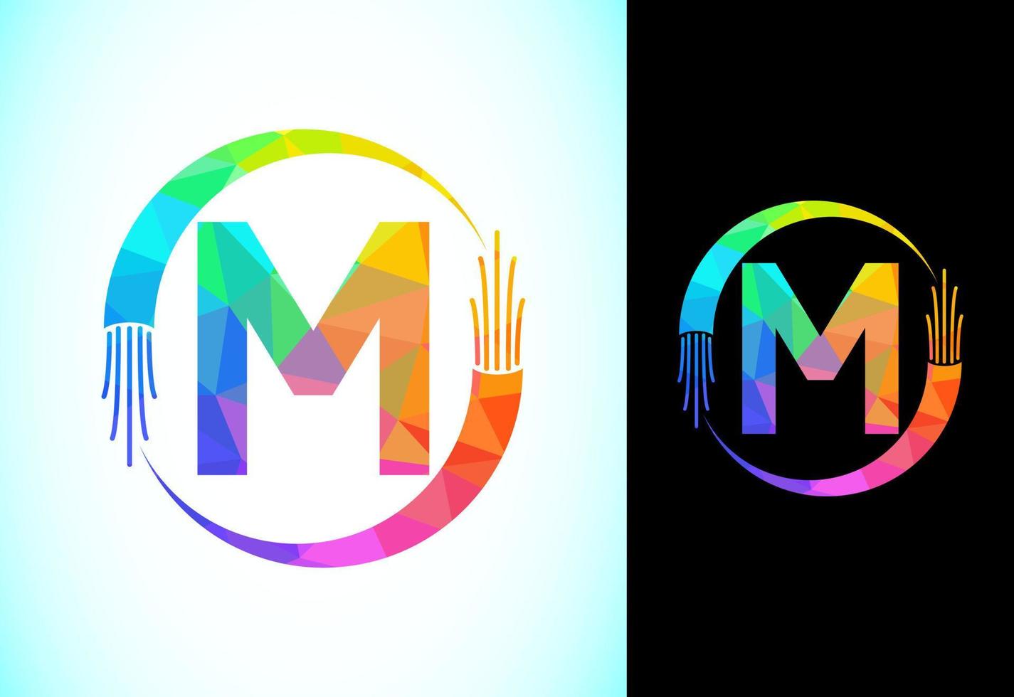 Polygonal alphabet M with electric wire, and optical fiber cable. Low poly graphic alphabet symbol vector