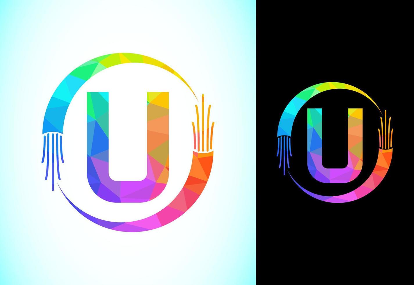 Polygonal alphabet U with electric wire, and optical fiber cable. Low poly graphic alphabet symbol vector