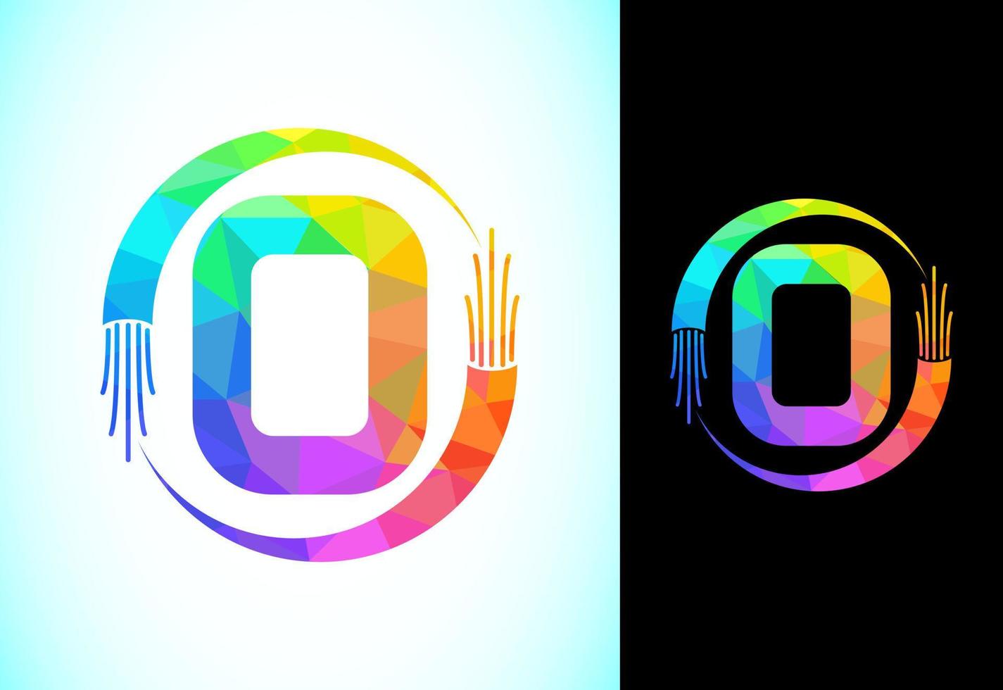 Polygonal alphabet O with electric wire, and optical fiber cable. Low poly graphic alphabet symbol vector